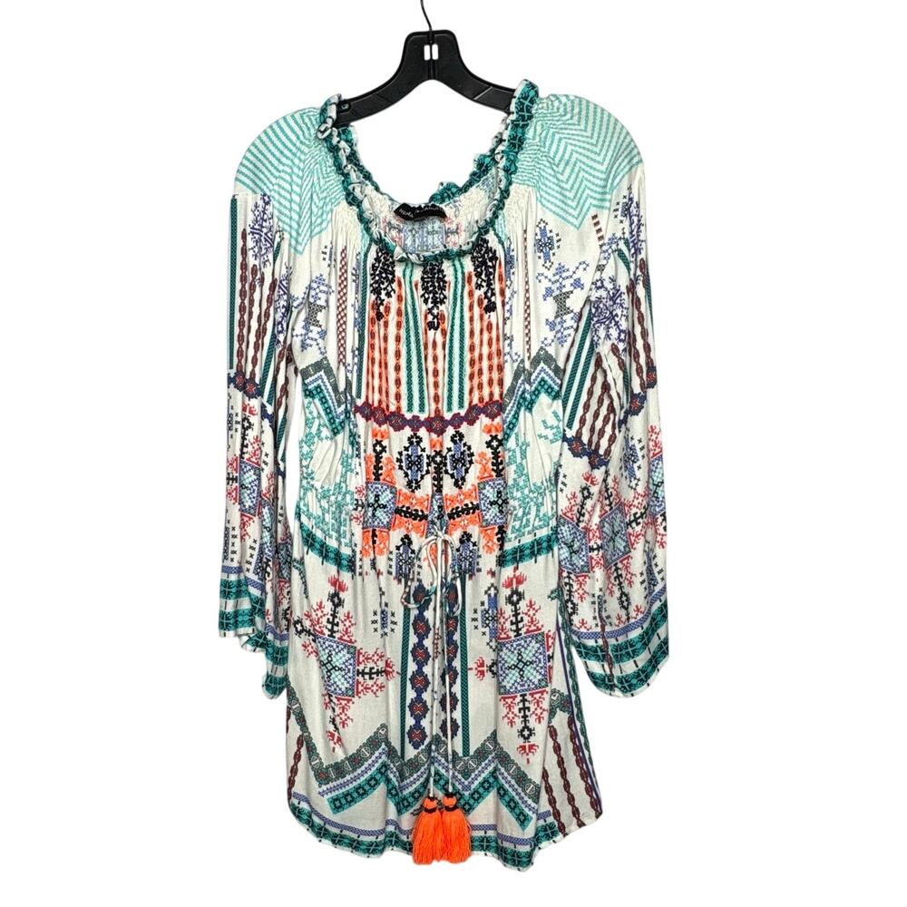 Hemant & Nandita Boho Off Sholder Embroidered Tassel Smocked Mini Dress Medium